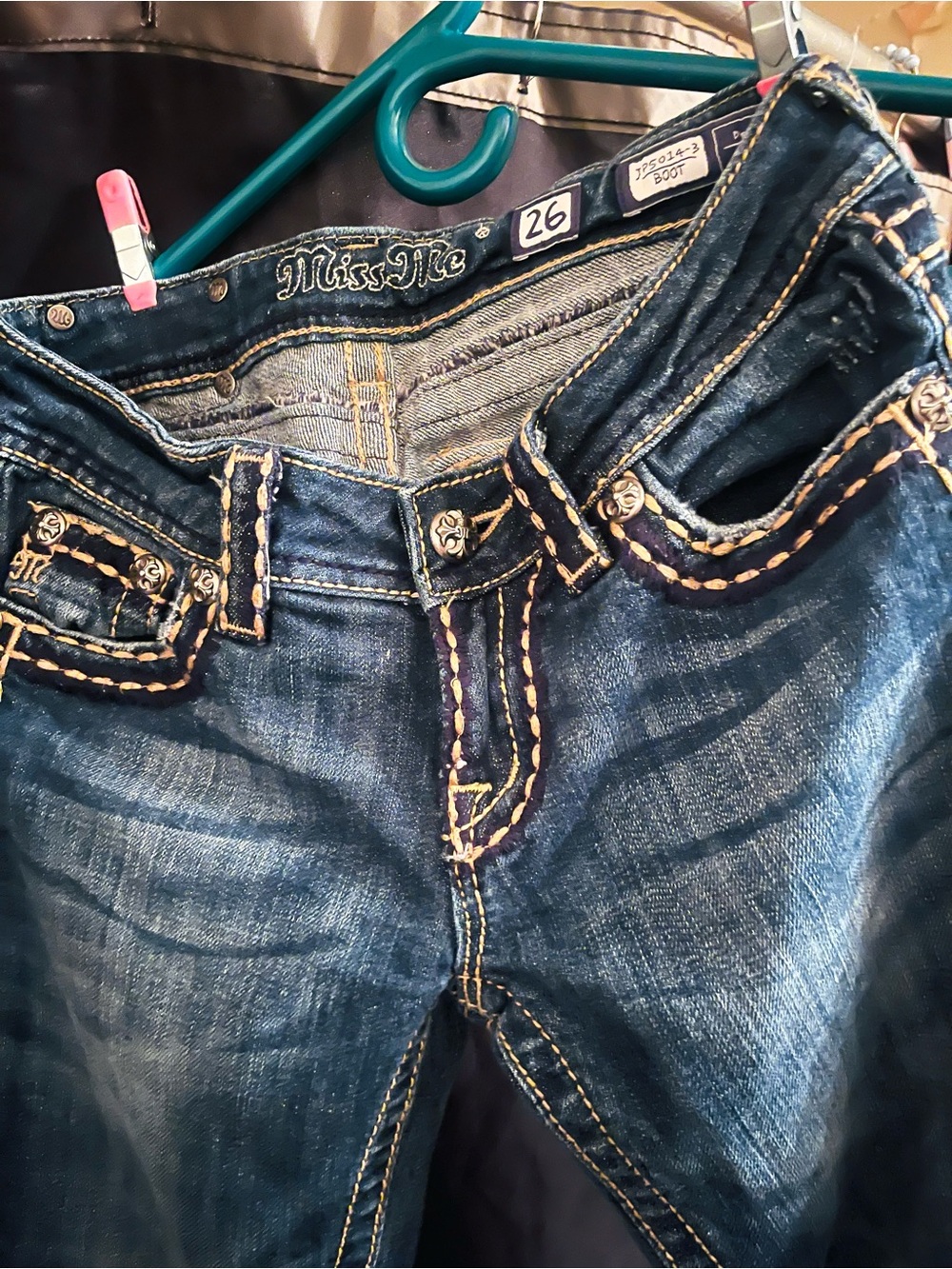 Miss Me Distressed Blue Bootcut Jeans with Gold Stitching